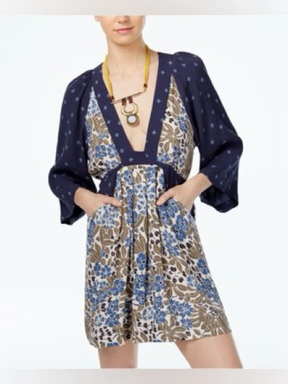 Free People Tululla Floral Patchwork Deep V Boho Mini Tunic Dress XS